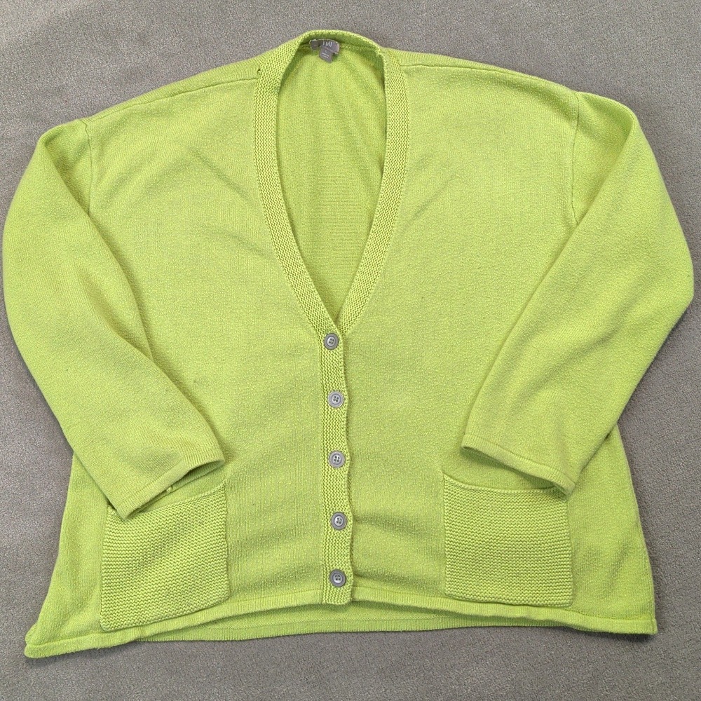 J. Jill Cardigan Sweater Womens Large Lime Green Cotton Blend V-Neck Pockets